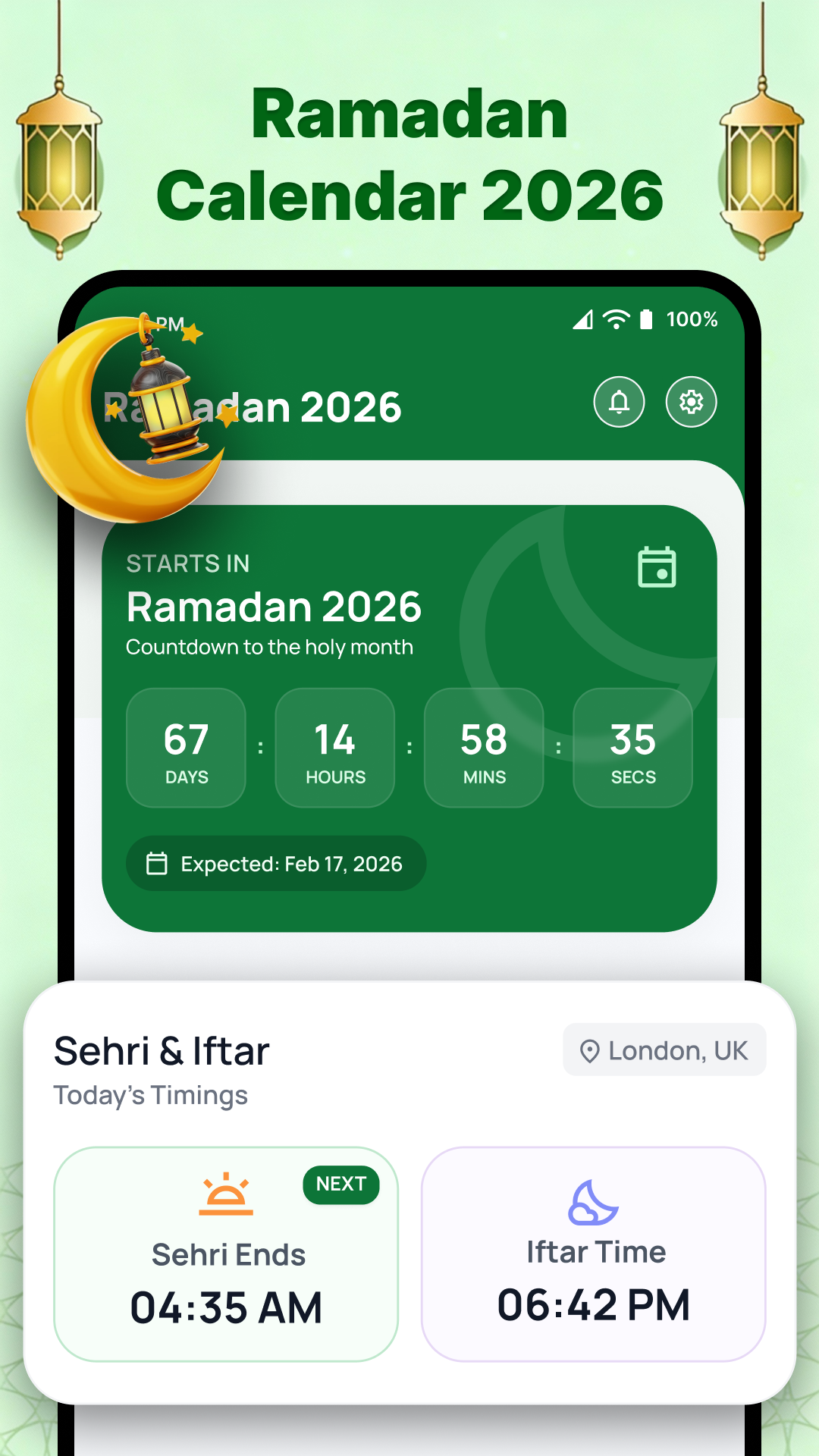 Ramadan Calendar 2026 main screen showing prayer times for Fajr, Dhuhr, Asr, Maghrib, and Isha